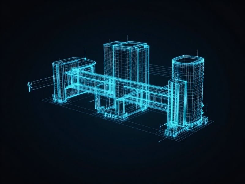Neon blueprint wireframe of interconnected buildings representing CRM/ERP architecture