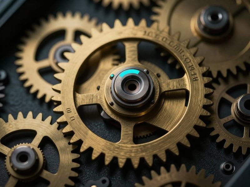 Close-up of interlocking brass gears representing precision automation